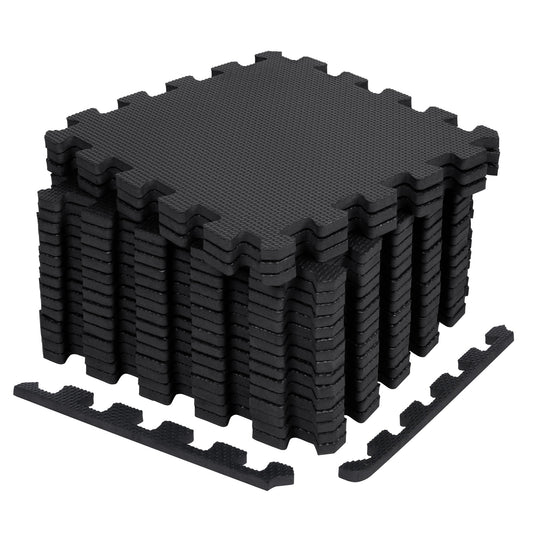Black EVA foam puzzle mats – 18 pcs interlocking set
Interlocking foam gym flooring in the home workout room
Close-up of EVA foam tile texture and thickness
Waterproof gym mat floor tiles arranged in a 6 ft x 3 ft area
Protective EVA floor mat tiles are used under gym equipment