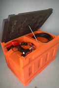 180L fuel transfer tank with red body and electric pump
Gas and diesel compatible fuel tank – 57 LPM electric pump
Portable 180-liter fuel transfer system with automatic nozzle
