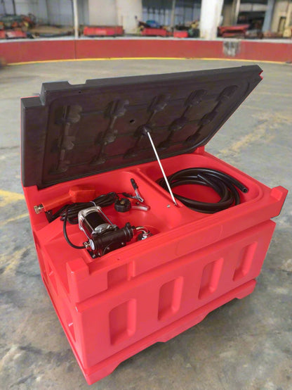 180L fuel transfer tank with red body and electric pump
Gas and diesel compatible fuel tank – 57 LPM electric pump
Portable 180-liter fuel transfer system with automatic nozzle