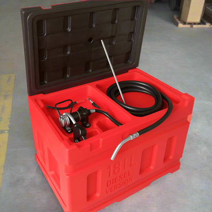 180L fuel transfer tank with red body and electric pump
Gas and diesel compatible fuel tank – 57 LPM electric pump
Portable 180-liter fuel transfer system with automatic nozzle