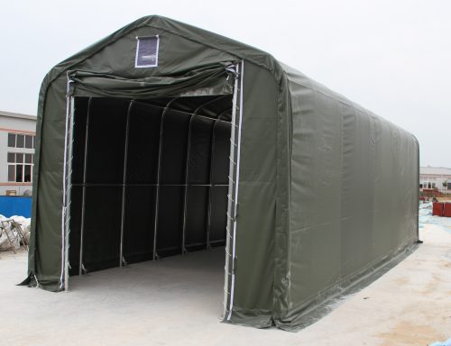 Side profile of galvanized steel tube frame fabric shelter for equipment protection