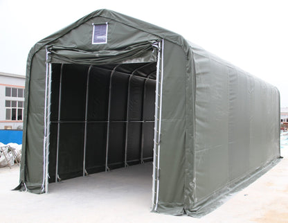 Heavy-duty PVC truck shelter with open front for easy vehicle access