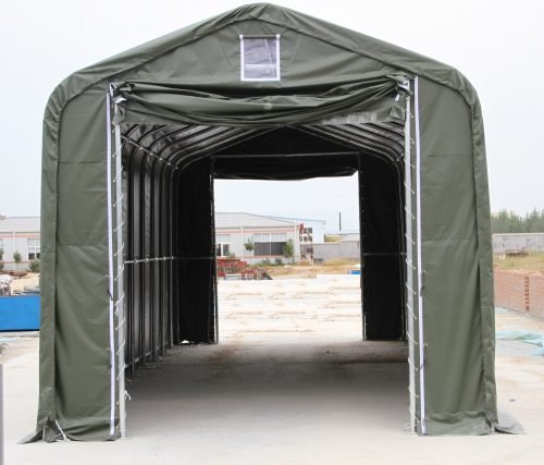 Inside of 18x50x17 ft PVC fabric shelter showing steel trussed frame and height