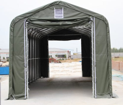 Inside of 18x50x17 ft PVC fabric shelter showing steel trussed frame and height