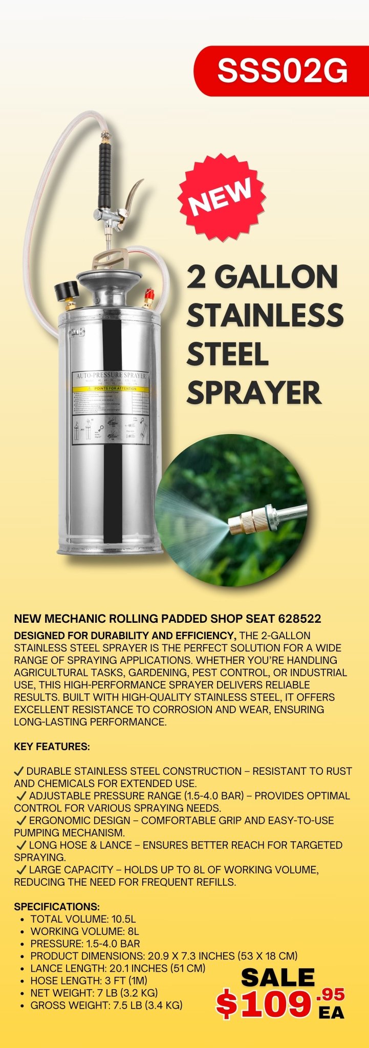 2-Gallon Stainless Steel Garden Pressure Sprayer

Heavy-Duty Sprayer for Pest Control and Gardening

Durable Industrial Stainless Steel Hand Pump Sprayer

