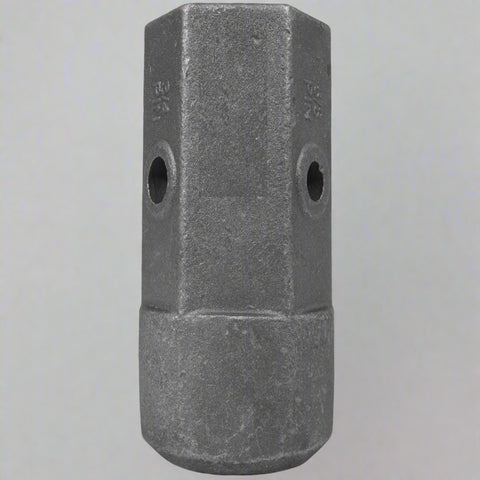Heavy-duty 2" hex female auger bit repair hub – front angle
Cast alloy auger hub with dual pin holes – close-up
Weld-on auger adapter – side profile
2" hex drive repair hub – ideal for post hole diggers
