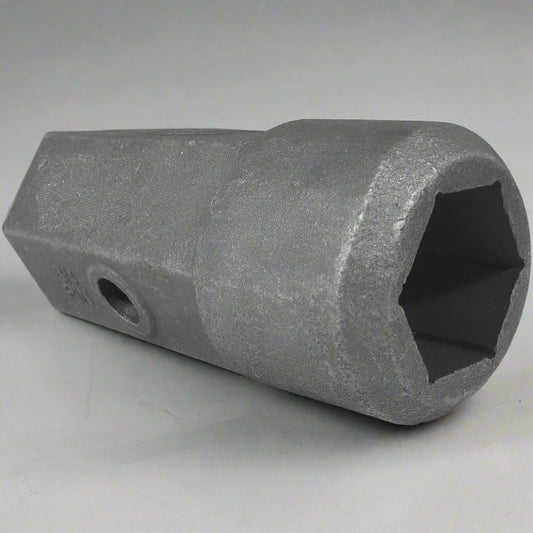 Heavy-duty 2" hex female auger bit repair hub – front angle
Cast alloy auger hub with dual pin holes – close-up
Weld-on auger adapter – side profile
2" hex drive repair hub – ideal for post hole diggers