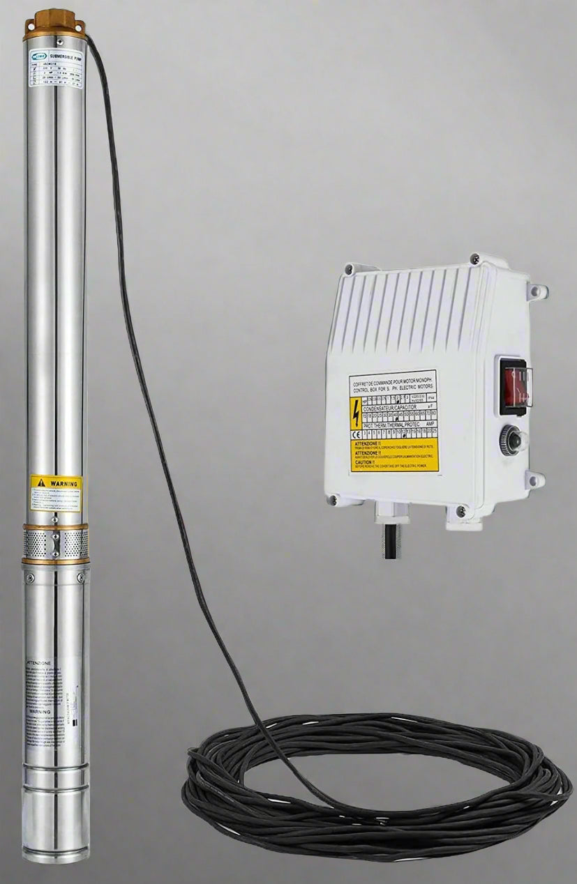 2 HP stainless steel deep well submersible pump with control box
Durable 220V water pump for home and farm wells
Deep well pump with 423 ft head and 26 GPM flow rate