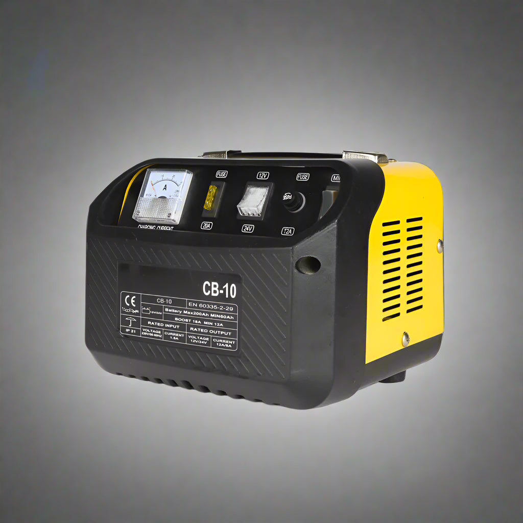 "Heavy-duty wheeled 12V/24V battery jump starter for trucks and vans"

"Compact 2-in-1 12V 24V battery charger with auto shutoff timer"