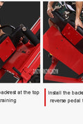 Red commercial 2-in-1 leg press and squat gym machine side view

User using leg press on heavy-duty fitness equipment

Squat bench setup on dual-function gym trainer 523624

PU leather padded seat and reverse pedal mechanism close-up

Front angle of multifunctional leg press squat machine in red