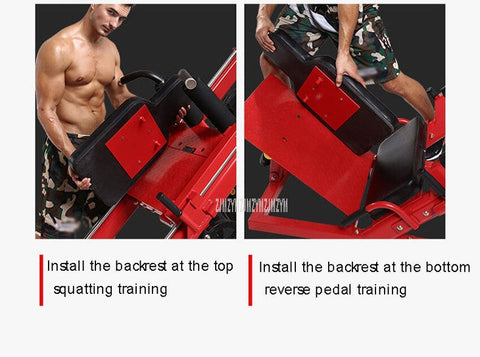 Red commercial 2-in-1 leg press and squat gym machine side view

User using leg press on heavy-duty fitness equipment

Squat bench setup on dual-function gym trainer 523624

PU leather padded seat and reverse pedal mechanism close-up

Front angle of multifunctional leg press squat machine in red