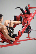 Red commercial 2-in-1 leg press and squat gym machine side view

User using leg press on heavy-duty fitness equipment

Squat bench setup on dual-function gym trainer 523624

PU leather padded seat and reverse pedal mechanism close-up

Front angle of multifunctional leg press squat machine in red