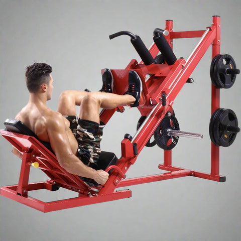 Red commercial 2-in-1 leg press and squat gym machine side view

User using leg press on heavy-duty fitness equipment

Squat bench setup on dual-function gym trainer 523624

PU leather padded seat and reverse pedal mechanism close-up

Front angle of multifunctional leg press squat machine in red