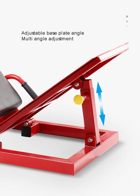 Red commercial 2-in-1 leg press and squat gym machine side view

User using leg press on heavy-duty fitness equipment

Squat bench setup on dual-function gym trainer 523624

PU leather padded seat and reverse pedal mechanism close-up

Front angle of multifunctional leg press squat machine in red