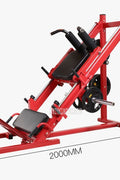 Red commercial 2-in-1 leg press and squat gym machine side view

User using leg press on heavy-duty fitness equipment

Squat bench setup on dual-function gym trainer 523624

PU leather padded seat and reverse pedal mechanism close-up

Front angle of multifunctional leg press squat machine in red