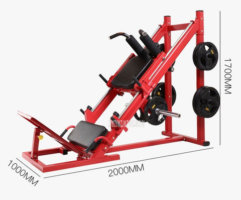 Red commercial 2-in-1 leg press and squat gym machine side view

User using leg press on heavy-duty fitness equipment

Squat bench setup on dual-function gym trainer 523624

PU leather padded seat and reverse pedal mechanism close-up

Front angle of multifunctional leg press squat machine in red