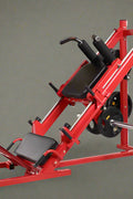 Red commercial 2-in-1 leg press and squat gym machine side view

User using leg press on heavy-duty fitness equipment

Squat bench setup on dual-function gym trainer 523624

PU leather padded seat and reverse pedal mechanism close-up

Front angle of multifunctional leg press squat machine in red