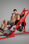 Red commercial 2-in-1 leg press and squat gym machine side view

User using leg press on heavy-duty fitness equipment

Squat bench setup on dual-function gym trainer 523624

PU leather padded seat and reverse pedal mechanism close-up

Front angle of multifunctional leg press squat machine in red