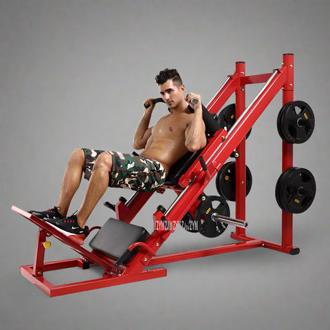 Red commercial 2-in-1 leg press and squat gym machine side view

User using leg press on heavy-duty fitness equipment

Squat bench setup on dual-function gym trainer 523624

PU leather padded seat and reverse pedal mechanism close-up

Front angle of multifunctional leg press squat machine in red