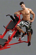 Red commercial 2-in-1 leg press and squat gym machine side view

User using leg press on heavy-duty fitness equipment

Squat bench setup on dual-function gym trainer 523624

PU leather padded seat and reverse pedal mechanism close-up

Front angle of multifunctional leg press squat machine in red