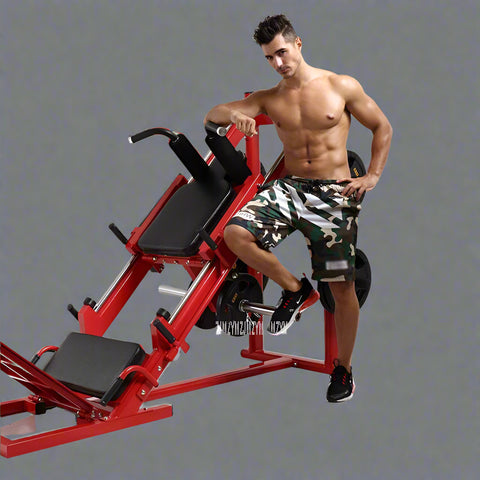 Red commercial 2-in-1 leg press and squat gym machine side view

User using leg press on heavy-duty fitness equipment

Squat bench setup on dual-function gym trainer 523624

PU leather padded seat and reverse pedal mechanism close-up

Front angle of multifunctional leg press squat machine in red