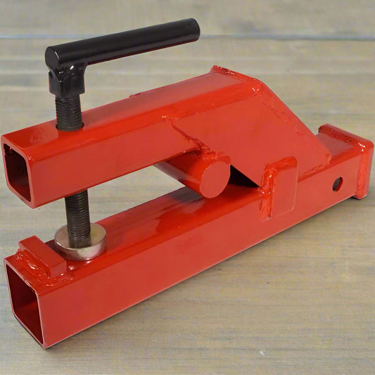 2-inch clamp-on trailer hitch for tractor bucket
Red heavy-duty ball hitch adapter on loader bucket
Skid steer clamp-on hitch tool in use
Side view of 2" bucket hitch adapter
Easy install clamp hitch for farm towing