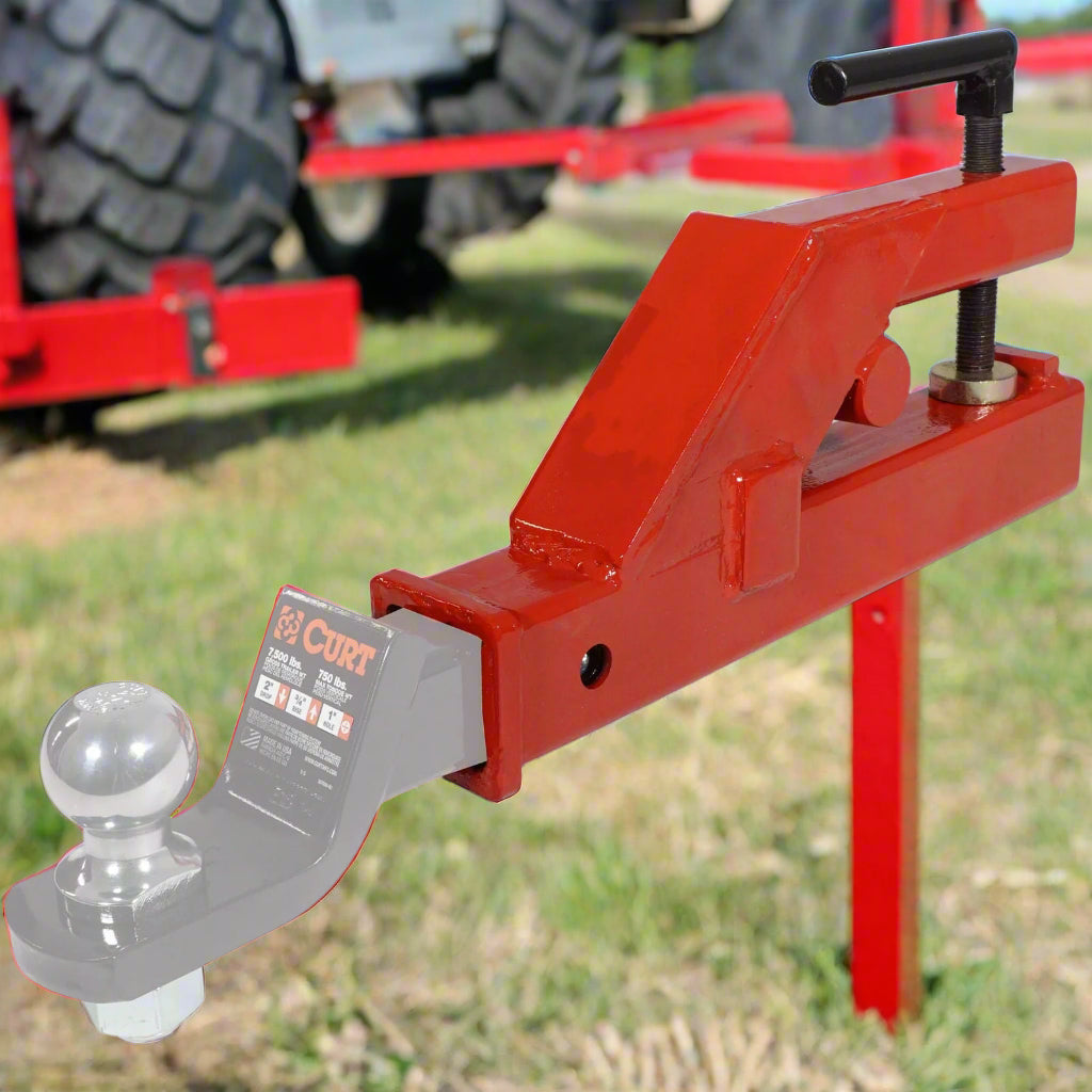 2-inch clamp-on trailer hitch for tractor bucket
Red heavy-duty ball hitch adapter on loader bucket
Skid steer clamp-on hitch tool in use
Side view of 2" bucket hitch adapter
Easy install clamp hitch for farm towing