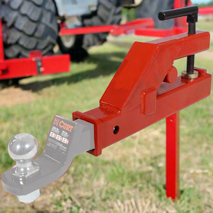 2-inch clamp-on trailer hitch for tractor bucket
Red heavy-duty ball hitch adapter on loader bucket
Skid steer clamp-on hitch tool in use
Side view of 2" bucket hitch adapter
Easy install clamp hitch for farm towing