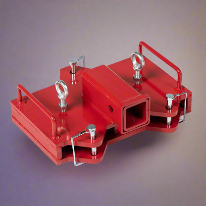 Dual Forklift Hitch Receiver Adapter Mounted on Pallet Fork – Side View

Red Steel Forklift Hitch Receiver for Trailers and Campers

Clamp-On Fork Hitch Receiver Adapter – Industrial Grade

Top View of 2-in-1 Towing Hitch Adapter on Forklift

Pallet Fork Trailer Hitch Attachment with Dual Receiver