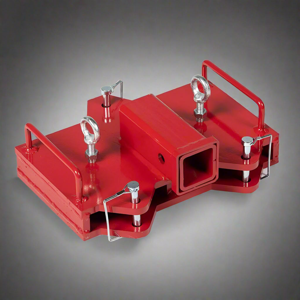 Dual Forklift Hitch Receiver Adapter Mounted on Pallet Fork – Side View

Red Steel Forklift Hitch Receiver for Trailers and Campers

Clamp-On Fork Hitch Receiver Adapter – Industrial Grade

Top View of 2-in-1 Towing Hitch Adapter on Forklift

Pallet Fork Trailer Hitch Attachment with Dual Receiver