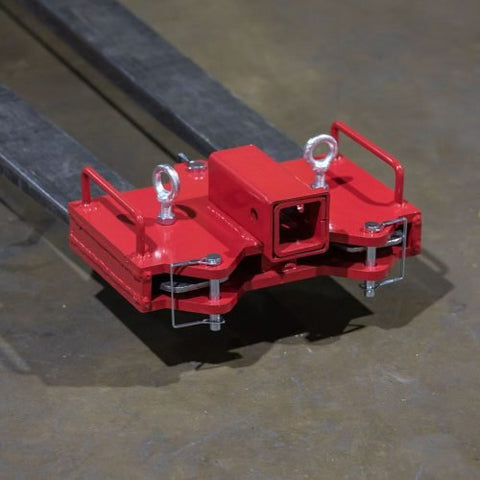 Dual Forklift Hitch Receiver Adapter Mounted on Pallet Fork – Side View

Red Steel Forklift Hitch Receiver for Trailers and Campers

Clamp-On Fork Hitch Receiver Adapter – Industrial Grade

Top View of 2-in-1 Towing Hitch Adapter on Forklift

Pallet Fork Trailer Hitch Attachment with Dual Receiver