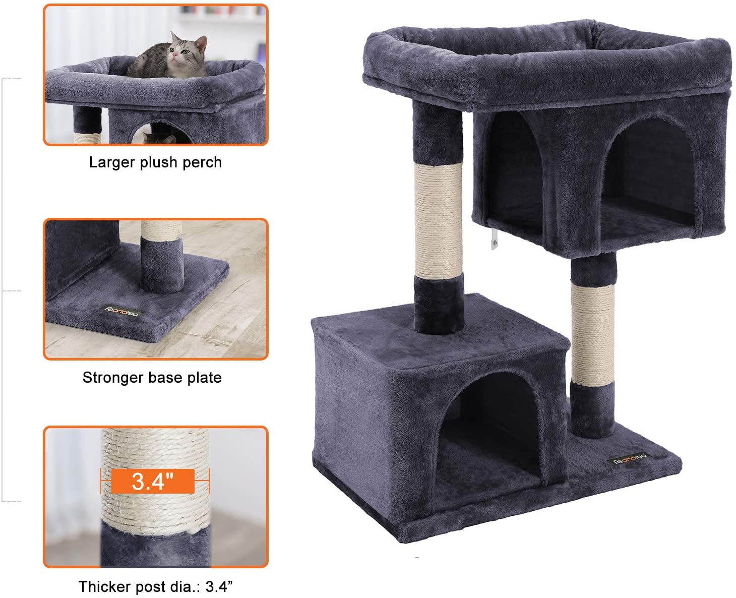 2-Level Plush Cat Tree with Top Perch and Condo
Cat Tree with Scratching Posts and Soft Fabric
Side View of Plush Gray Cat Condo Tower
Cat Sitting on Widened Top Perch
Enclosed Cat Hideout with Dual Levels