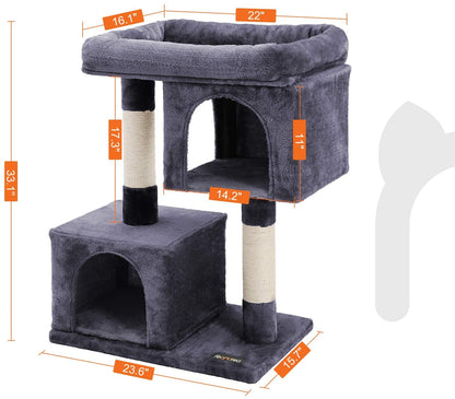2-Level Plush Cat Tree with Top Perch and Condo
Cat Tree with Scratching Posts and Soft Fabric
Side View of Plush Gray Cat Condo Tower
Cat Sitting on Widened Top Perch
Enclosed Cat Hideout with Dual Levels
