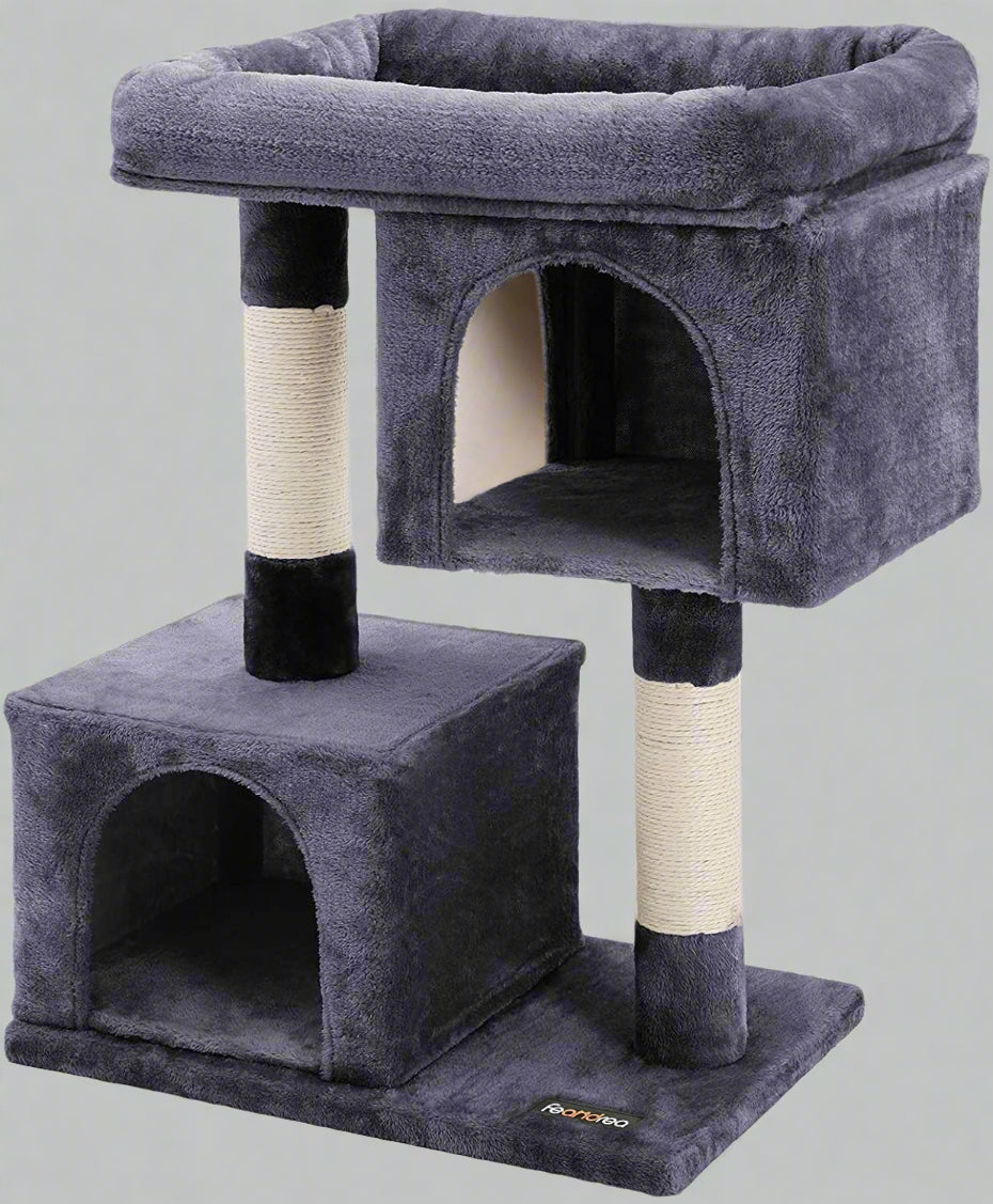 2-Level Plush Cat Tree with Top Perch and Condo
Cat Tree with Scratching Posts and Soft Fabric
Side View of Plush Gray Cat Condo Tower
Cat Sitting on Widened Top Perch
Enclosed Cat Hideout with Dual Levels