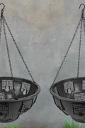 Two black plastic hanging basket planters with metal chains
Weather-resistant plastic planter bowls for flowers
Garden hanging pots set displayed outdoors
Side view of deep hanging planter design
Lightweight plastic hanging planters for porch or balcony
Pre-drilled drainage holes in hanging flower pots