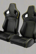Pair of universal black and red PU leather racing seats

Black and yellow adjustable racing seat for cars and trucks

Solid black bucket-style car seat – side view

Universal PU leather racing seat pair – reclining

Front view of ergonomic racing-style auto seats