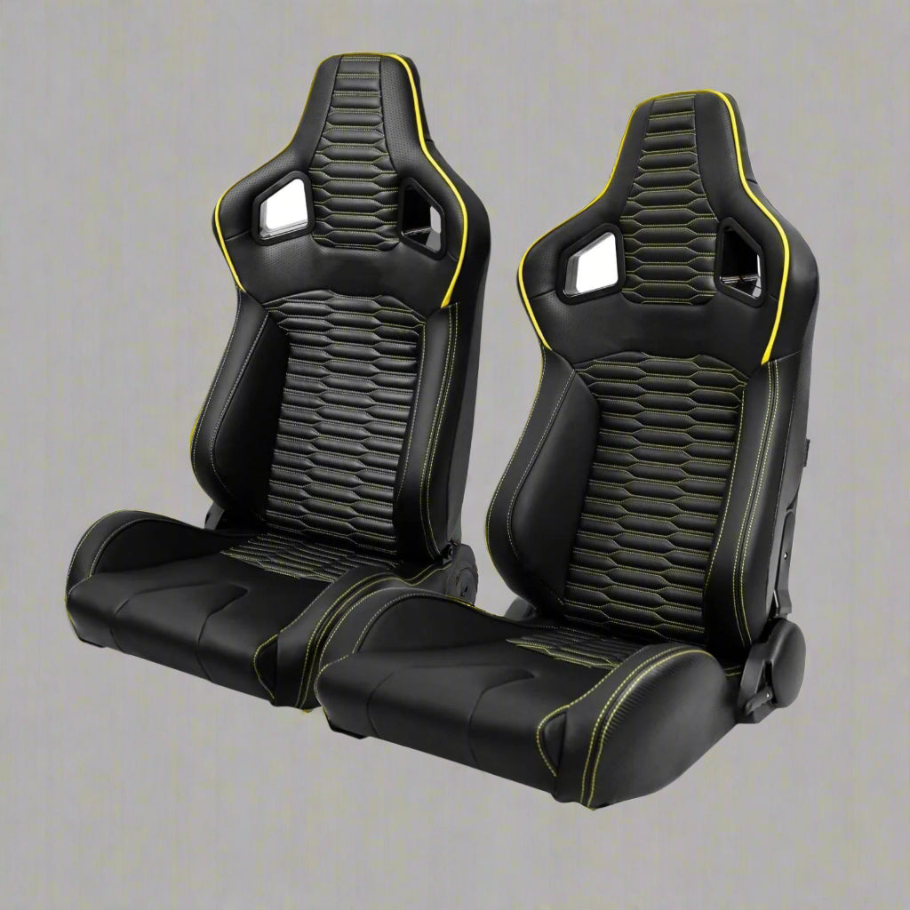Pair of universal black and red PU leather racing seats

Black and yellow adjustable racing seat for cars and trucks

Solid black bucket-style car seat – side view

Universal PU leather racing seat pair – reclining

Front view of ergonomic racing-style auto seats