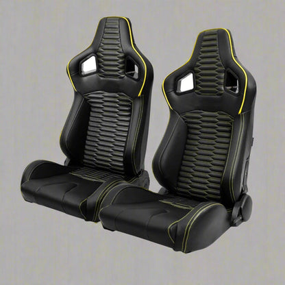 Pair of universal black and red PU leather racing seats

Black and yellow adjustable racing seat for cars and trucks

Solid black bucket-style car seat – side view

Universal PU leather racing seat pair – reclining

Front view of ergonomic racing-style auto seats