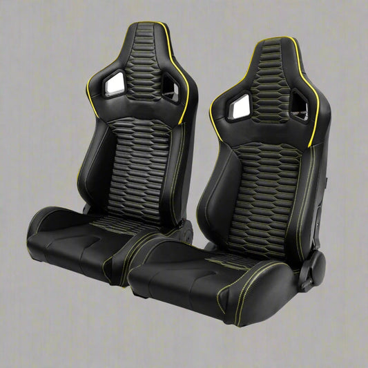 Pair of universal black and red PU leather racing seats

Black and yellow adjustable racing seat for cars and trucks

Solid black bucket-style car seat – side view

Universal PU leather racing seat pair – reclining

Front view of ergonomic racing-style auto seats