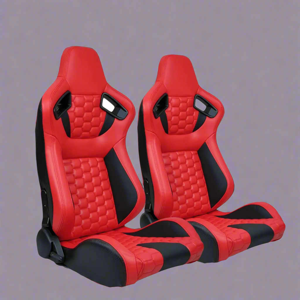 Pair of universal black and red PU leather racing seats

Black and yellow adjustable racing seat for cars and trucks

Solid black bucket-style car seat – side view

Universal PU leather racing seat pair – reclining

Front view of ergonomic racing-style auto seats