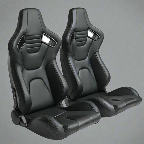 Pair of universal black and red PU leather racing seats

Black and yellow adjustable racing seat for cars and trucks

Solid black bucket-style car seat – side view

Universal PU leather racing seat pair – reclining

Front view of ergonomic racing-style auto seats