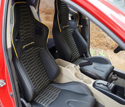 Pair of universal black and red PU leather racing seats

Black and yellow adjustable racing seat for cars and trucks

Solid black bucket-style car seat – side view

Universal PU leather racing seat pair – reclining

Front view of ergonomic racing-style auto seats