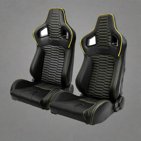 Pair of universal black and red PU leather racing seats

Black and yellow adjustable racing seat for cars and trucks

Solid black bucket-style car seat – side view

Universal PU leather racing seat pair – reclining

Front view of ergonomic racing-style auto seats