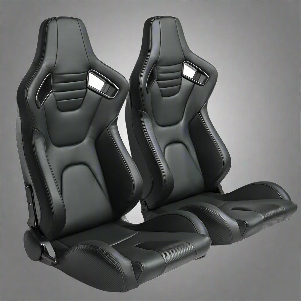 Pair of universal black and red PU leather racing seats

Black and yellow adjustable racing seat for cars and trucks

Solid black bucket-style car seat – side view

Universal PU leather racing seat pair – reclining

Front view of ergonomic racing-style auto seats