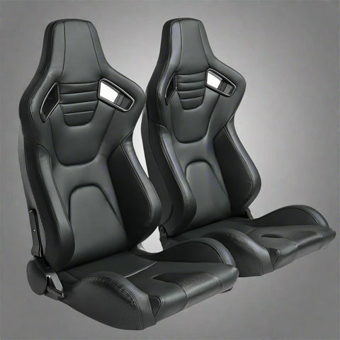 Pair of universal black and red PU leather racing seats

Black and yellow adjustable racing seat for cars and trucks

Solid black bucket-style car seat – side view

Universal PU leather racing seat pair – reclining

Front view of ergonomic racing-style auto seats