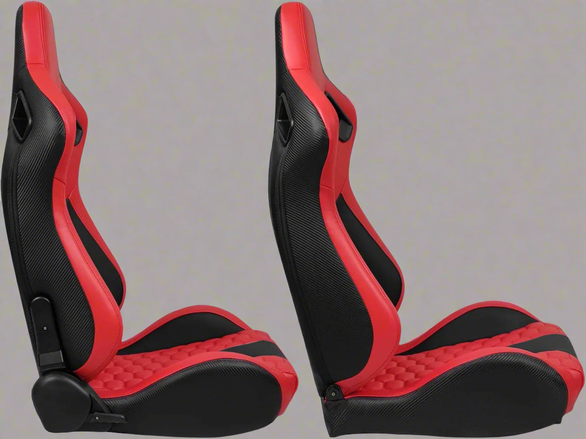 Pair of universal black and red PU leather racing seats

Black and yellow adjustable racing seat for cars and trucks

Solid black bucket-style car seat – side view

Universal PU leather racing seat pair – reclining

Front view of ergonomic racing-style auto seats