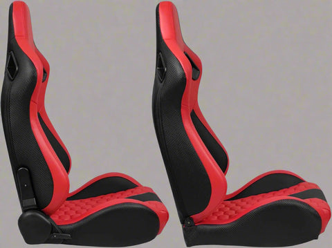 Pair of universal black and red PU leather racing seats

Black and yellow adjustable racing seat for cars and trucks

Solid black bucket-style car seat – side view

Universal PU leather racing seat pair – reclining

Front view of ergonomic racing-style auto seats