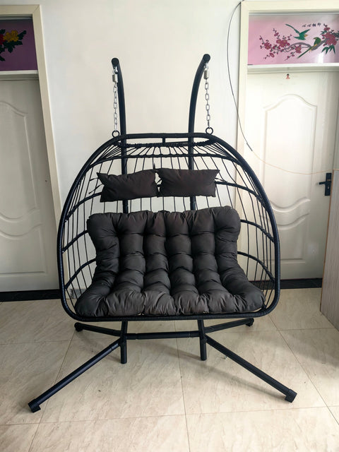"2-Person Double Egg Swing Chair with Cushions"

"Weather Resistant Outdoor Hanging Egg Chair"

"Double Swing Egg Chair with 550 lbs Stand Support"

"Black and Gray 2-Seater Egg Chair for Patio"

"Indoor Outdoor Egg Swing Chair for Two Adults"