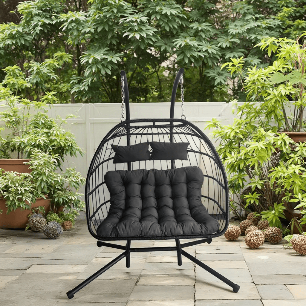 "2-Person Double Egg Swing Chair with Cushions"

"Weather Resistant Outdoor Hanging Egg Chair"

"Double Swing Egg Chair with 550 lbs Stand Support"

"Black and Gray 2-Seater Egg Chair for Patio"

"Indoor Outdoor Egg Swing Chair for Two Adults"