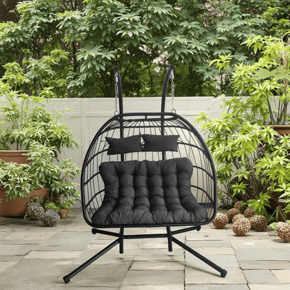 "2-Person Double Egg Swing Chair with Cushions"

"Weather Resistant Outdoor Hanging Egg Chair"

"Double Swing Egg Chair with 550 lbs Stand Support"

"Black and Gray 2-Seater Egg Chair for Patio"

"Indoor Outdoor Egg Swing Chair for Two Adults"